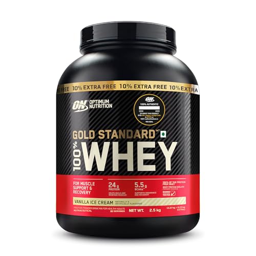 Image of Optimum Nutrition (ON) Gold Standard 100% Whey Protein Powder 5 lb (+10% Extra), 2.5 kg (Vanilla Ice Cream), for Muscle Support & Recovery, Vegetarian - Primary Source Whey Isolate