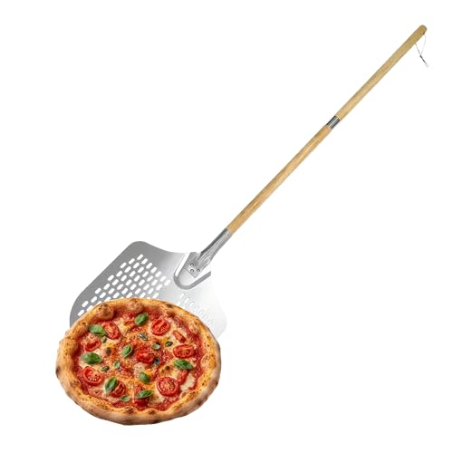 Relaxdays Pelle à Pizza perforée, Manche en Bois Amovible, 132 cm, en Aluminium et INOX, argentée
