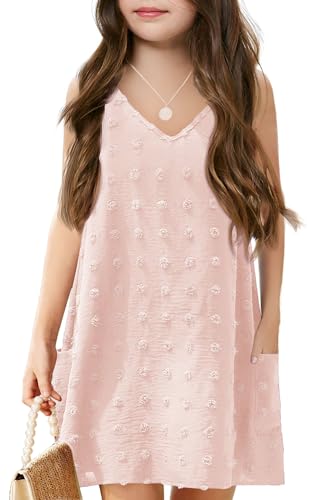 Image of Batermoon Girls Swim Cover Up V Neck Swiss Polka Dot Summer Beach Dress | Kids Cover-Ups, Sleeveless Vacation Swimwuits, Boho Cute Dresses with Pockets 4-14 Years