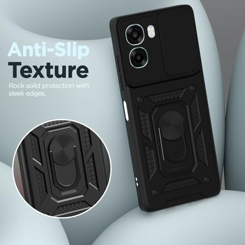 Image of Pikkme Back Cover for Oppo A6X 5G | 360 Protection Case | Sliding Camera Shield Cover & Ring Holder Stand D10 Tough Armor Bumper Case (Black)