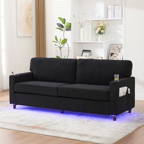 FammyLoft Sofa 2 Sitzer, Eckcouch mit USB-C, Cloud Couch mit LED-Ambiente, Getränkehaltern und Seitentaschen, Holz/Metall-Rahmen mit Komfortschaum für Wohnzimmer, Schlafzimmer, Schwarz