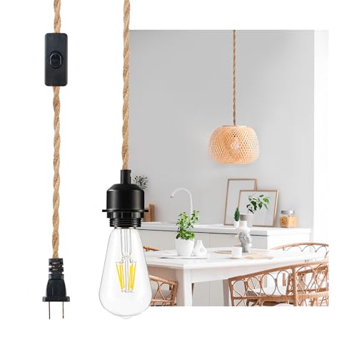 JACKYLED Plug in Pendant Light Cord Kit with 15FT Hemp Rope, Hanging Lamp Plug in Fixture with...