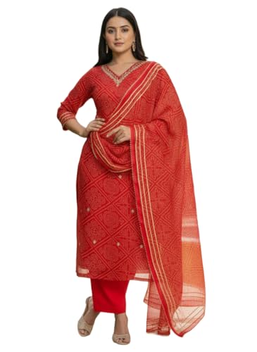 Costume traditionnel rouge Bandhani pour mariage et festival élégant Kurti 3 pièces ANNI Designer