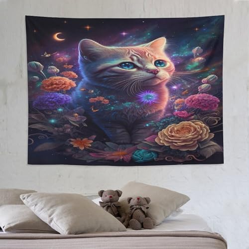 Tapisserie chat et fleur PAZZK 150x200 cm tenture murale pour decoration de salon