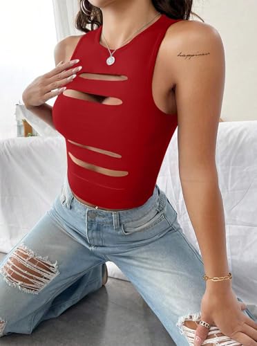 Image of LovelyWholesale Women Sexy Cut Out Crop Tank Tops Crew Neck Summer Sleeveless Top