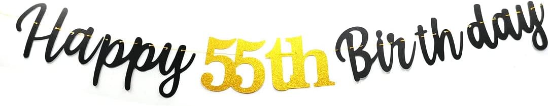 Happy 55th Birthday Banner Black Glittery 55 Fifty Five Years Old Birthday Party Decorations for Men Women Pre-strung (Black)