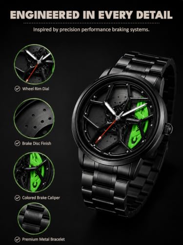 Image of V2A Men's Analog Automotive Inspired Wheel Rim Design Wrist Watch | Stainless Steel Bracelet| Quartz Movement | 30M Water Resistant | Premium Black Metal Strap Watch for Men | Casual & Formal
