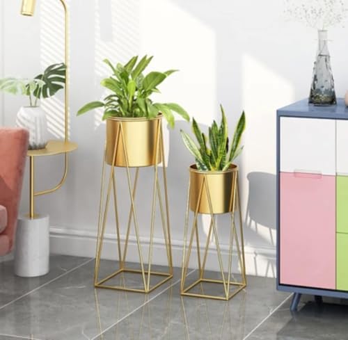 Image of Brass Industry Iron Metal Indoor Out Door Bedroom Home Office Planter Pot Tall Stand with Planter for Living Room, Balcony Flower Pot Stand Set of 2 (Gold)
