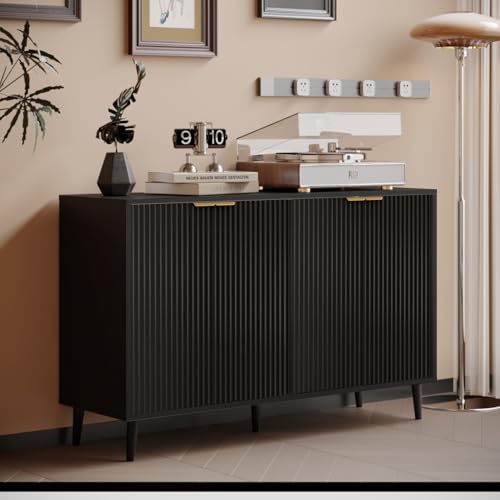 Image of Homzbesy Sideboard - Buffet Cabinet with Storage, Fluted with 4 Doors and Adjustable Shelves, Accent Cabinet with Solid Wood Feet, Sideboard for Kitchen (Black)