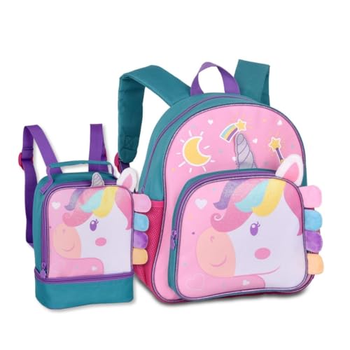 Mochila Com Lancheira Unicórnios Kit Escolar Infantil Meninas Clio Pets (Azul)
