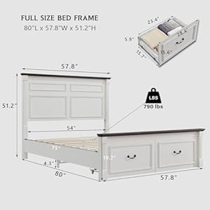 Farmhouse full size bed frame with 51 tall headboard wood platform bed frame with 20 tall roman column decoration footboard 2 large storage drawers no box spring needed white  urban country home decor