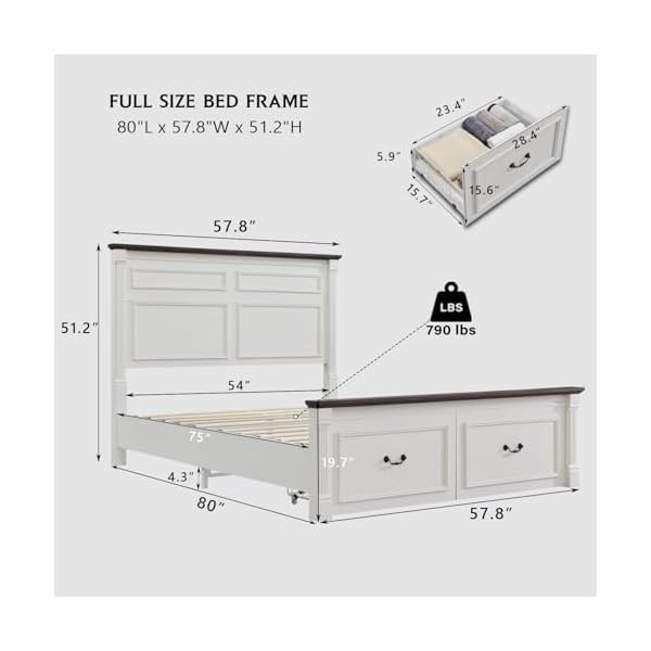 Farmhouse full size bed frame with 51 tall headboard wood platform bed frame with 20 tall roman column decoration footboard 2 large storage drawers no box spring needed white  urban country home decor