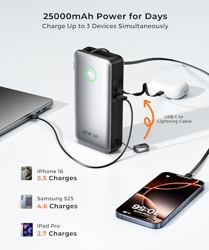 Image of Portable Charger Power Bank - Laptop Battery Pack 65W AC Plug GaN 25000mAh Built in Cable USB C Phone Fast Charging Compatible with iPhone 16 15 14 13 12 11 X iPad MacBook Samsung (White)