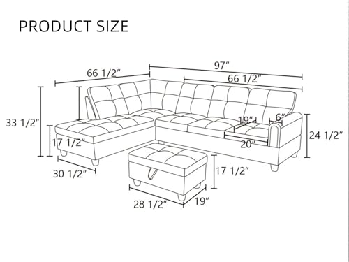 L Shaped Couches for Living Room, Leather Sectional Couch Living Room Furniture with Storage Ottoman, Modular Sectional Sofa with Movable Chaise for Apartment Office, Black - Image 3