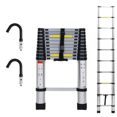 Yakimz Escalera telescópica de aluminio de 3,2 m con 2 ganchos extraíbles, escalera extensible portátil, escalera multiusos antideslizante, escalera telescópica extensible, hasta 150 kg de capacidad