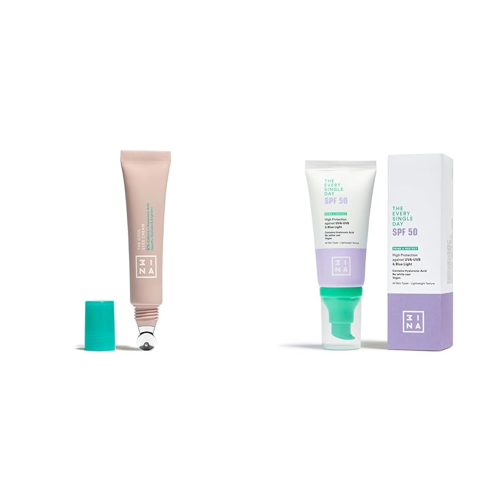 3INA MAKEUP - The Cool Eyes Cream + The Every Single Day SPF 50 - Contorno Occhi Antiborse e Antiocchiaie con 5% Caffeina - Crema Solare Viso 50 SPF con Acido Ialuronico - Vegan - Cruelty Free