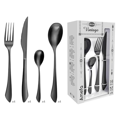 AMEFA - Coffret 16 couverts de table pour 4 personnes - Instinct - Acier inoxydable 18/0, Finition PVD (Physical vapor deposition) - Noir