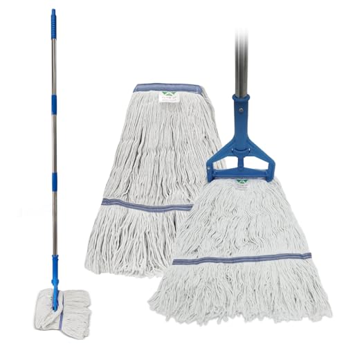 Image of Commercial Cotton Mop | Heavy-Duty Industrial Mop | 2 Replacement Heads | 152cm Stainless Steel Handle | Professional Institutional Cleaning (A)