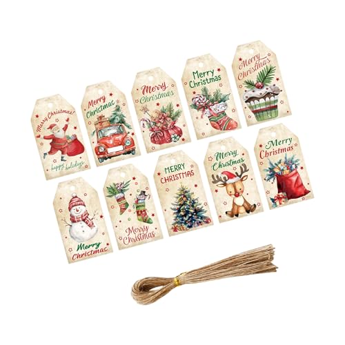 Kelisdi 50 identificadores de regalo de celebración, 10 unidades de moda con cuerda adjunta para adornos navideños, fichas de papel reciclables, identificadores de Navidad con cuerda