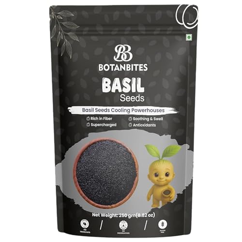 Image of BOTANBITES Basil Seeds 250g | Rich in Fibre & Plant-Based Omega-3 | Natural Superfood for Fat Loss, Digestion & Hydration | Sabja Seeds for Eating & Drinking | Vegan & Gluten-Free | 250g
