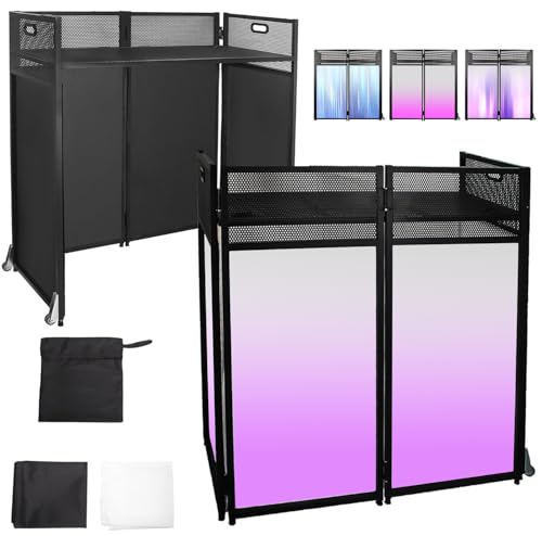 DJ Facade Booth Table 43 x 22-Portable with Black&White Lighting Scrims Flat DJ Booth Panel-Black Metal Frame with 2 Extra Wheels for Show Party