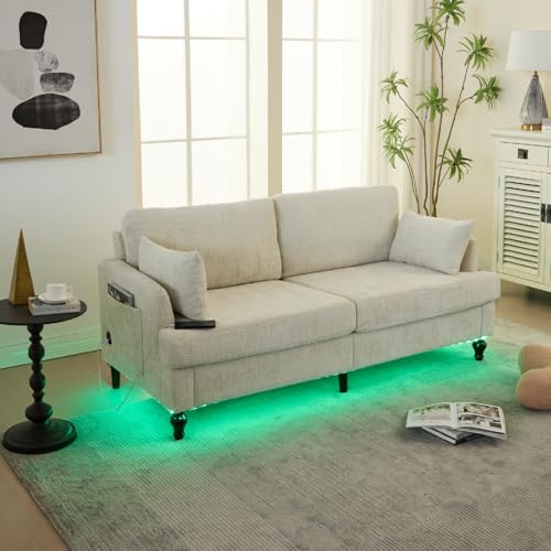 A ALFRESCOOL Sofá moderno de chenilla de 2 plazas con patas de madera, luz LED, puerto de carga USB y bolsa de almacenamiento, sala de estar, dormitorio, estudio, 175 x 83 x 78 cm (beige)