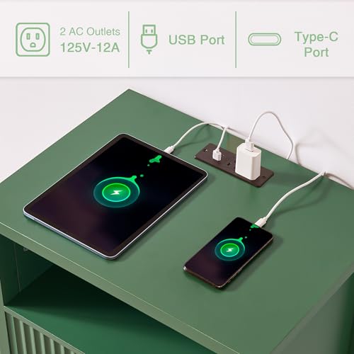 Image of Fluted Nightstand with Charging Station Set of 2, 21 inch Wide Modern Bedside Table with 2 Drawers & Open Shelf, Wood End Table with Storage & Metal Handle for Bedroom, Small Spaces, Green