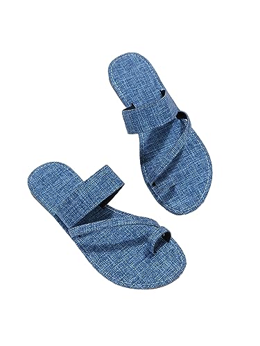 GORGLITTER Women's Denim Jean Sandals Cute Dressy Toe Ring Strappy Slip on Slide Flats Sandal Blue A EUR39