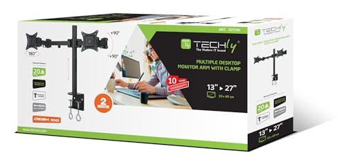 Techly 301740 Supporto Da Scrivania Per 2 Monitor 13-27" Diametro 48 Mm Ad Altezza Regolabile Con Morsetto A C Nero - 2