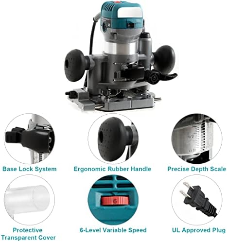 TANGZON 710W Electric Wood Trim Router, Palm Router Tool Set with Fixed & Plunge Bases, 1/4" and 3/8" Collets, 13000-33000r/min Variable-Speed Woodworking Power Tool Trimming Machine