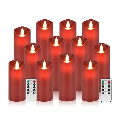 Eloer Flameless Candles,Waterproof Remote Candles Battery Operated,Led Candles Outdoor Indoor Battery Operated Candles Plastic Set Of 12 （D: 3" X H: 4" 5" 6" 7" (Moving Set Of 12, Burgundy) #TOP6