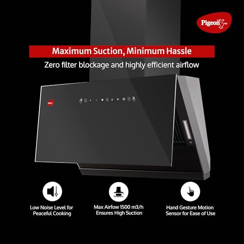Image of Pigeon Xtream DLX 90 cm BLDC Slant Kitchen Chimney 1500 m3 /hr | Filterless Autoclean Kitchen Chimney | 12 Years Motor and 2 Years Comprehensive Warranty |Black | 9 Speed Touch Control + Motion Sensor
