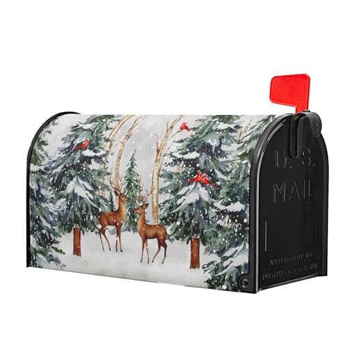 Image of Winter Pine Tree Mailbox Cover Magnetic Standard Size 21 inchx18 inch Christmas Deer Cardinal Decorative Mail box Covers Xmas Snowflake Holiday Mailbox Wraps Post Letter Box Cover for Home Garden Yard