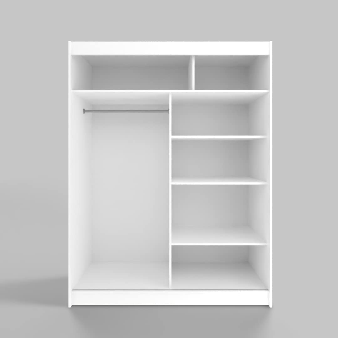 ML Furniture C5 Schiebetüren Kleiderschrank 150 x 200 x 58 cm mit Spiegel - Schlafzimmermöbel, Aufbewahrung - Mehrzweckschrank - Farbe: Weiß - 2 Schiebetüren