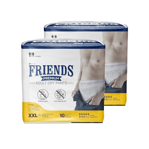 Friends Premium Adult Diaper XXL Size Pants | 20 Count (Double Extra Large) | Waist 34 - 65 inch | Unisex | Leakproof | Quick & Even Absorption | Long Protection hours | Wetness Indicator | Odour Lock | Superior Softness | Elastic Waist & Anti-Bacterial Absorbent Core