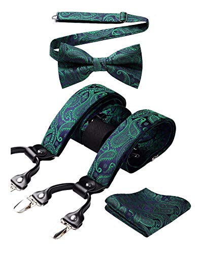 HISDERN Tirantes Hombres Paisley Verde en Forma de Y con 6 Clips Conjunto de Tirante y Pajaritas Ajustables para Hombre