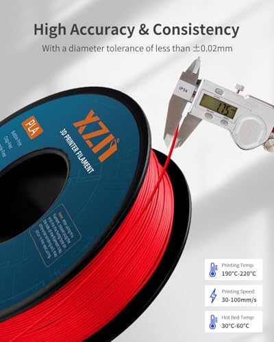 Image of PLA Filament 1.75mm Red, 3D Printer Filament 1kg Spool (2.2lbs), Neatly Wound, + /- 0.02mm Precision, No Clog /Bubble, Excellent Layer Adhesion, Fits Most FDM Printers