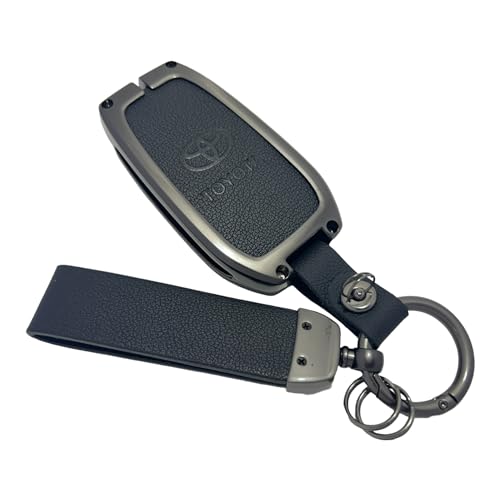 Image of Zinc Metal Alloy Leather Car Key Cover & Case Black with Keychain & Holder Compatible for Toyota Fortuner, Legender, Innova Crysta, HyCross, Land Cruiser, Hilux (3 Button Push Smart Key)