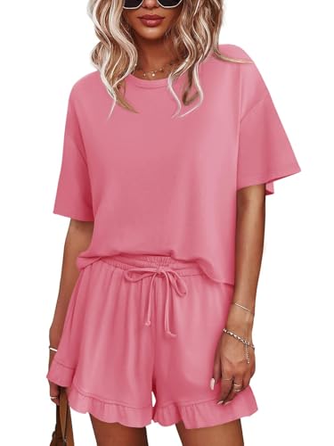 Image of Tankaneo Womens 2 Piece Shorts Set Summer Casual Short Sleeve T Shirts Drawstring Ruffle Shorts Pajamas Lounge Set