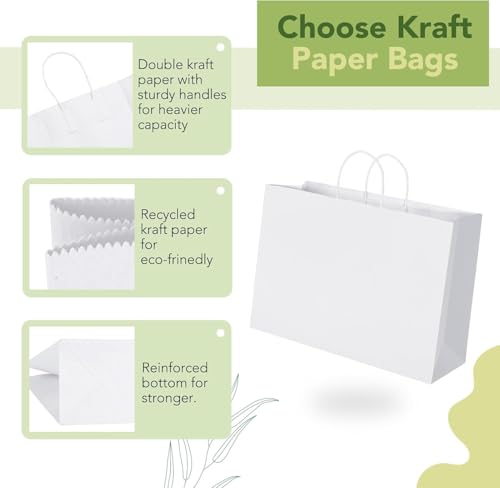 Image of White Paper Bags - 16 inchx12 inchx5 inch Large Shopping Bags, Return Gift Bags, Craft Paper Carry Bags, Retail bags for Small Business- Disposable Recycled Eco friendly (25 count)