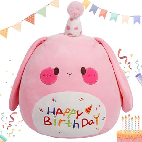 ARELUX Large 18in Cute Bunny Cuddle Plush Soft Bunny Stuffed Animal Birthday Pillow Kids Huggable Rabbit Plushie Toy Big Size Happy Birthday Party Decoration Plushies Gift for Friends Boys Girls Pink Cover