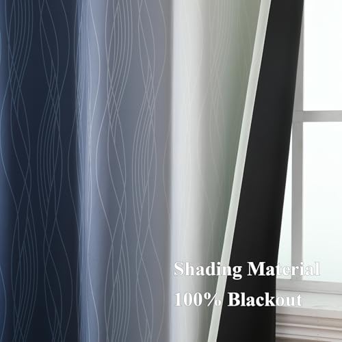 Estelar Textiler Navy Blue and Sage Green Blackout Curtains 54 Inch Length, Full Light Blocking Gradient Grommet Drapes for Kitchen, Thermal Insulated Ombre Curtains for Bedroom, 52Wx54L, 2 Panels