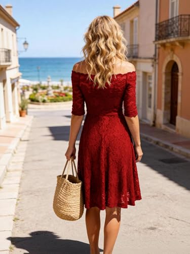 Image of Atnlewhi Womens Vintage Lace Floral Off Shoulder Elegant Swing Dresses A-line Mini Dress for Party Cocktail Wedding