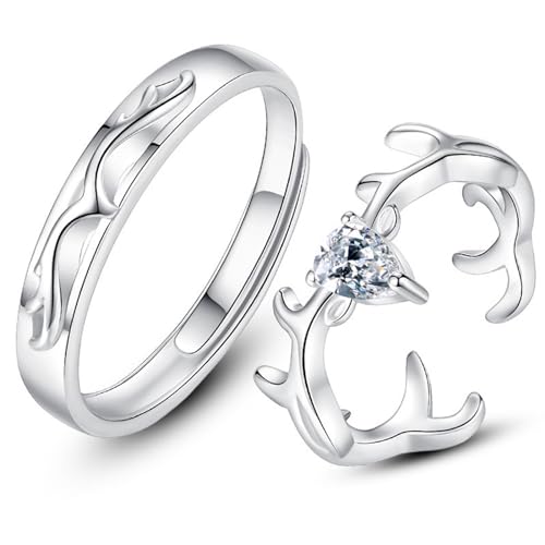 Deer Antler Couples Matching Rings Set Cute Silver Deer Ring Dainty CZ Cubic Zirconia Adjustable Matching Deer Antler Wedding Rings for Women Men