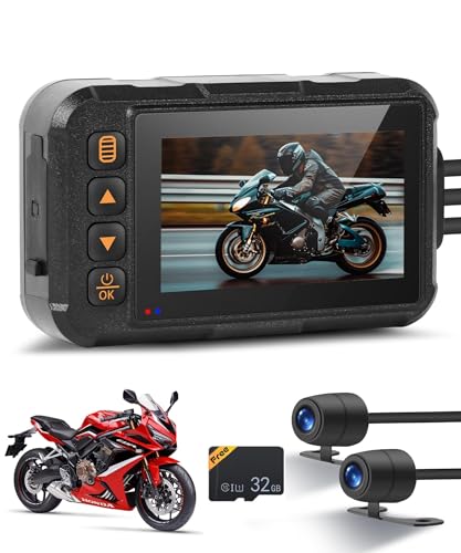 Dual Channel Dash Cam for Motorcycle, 3' HD IPS Screen, 720P Front and 480P Rear, Parking Monitoring, G-Sensor, Motion Sensing, Loop Recording, IP67 & HDR, for All Motorcycles