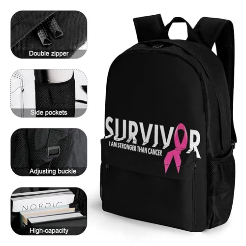Men's Breast Cancer Survivor Pink Ribbon Black Travel Backpack, Breathable Adjustable Strap Shoulder Bag for Climbing, Large Capacity Backpack with Side Pockets3