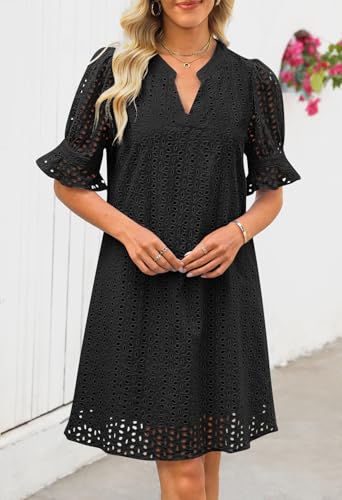 MEROKEETY Women's 2025 Summer Short Sleeve Mini Dress V Neck Ruffle Hollow Out Eyelet Lace Dresses2