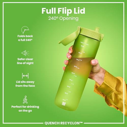 ion8 1 Liter Trinkflasche, 1000ml, Auslaufsicher, Einhandöffnung, Sichere Verriegelung, Spülmaschinenfest, BPA-frei, Tragegriff, Leicht zu Reinigen, Ideal für Sport und Fitnessstudio, Grün