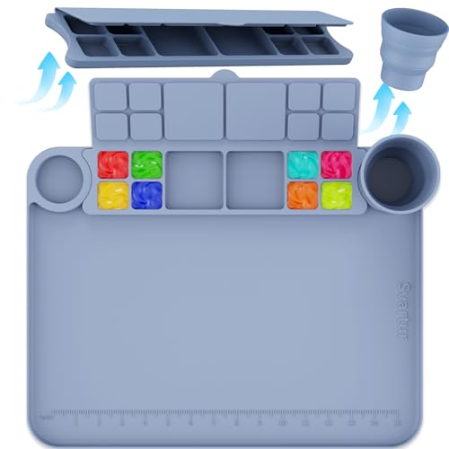 Silicone Painting Mat with Cup and Palette Removable, 17"X13" Thick Silicone Art Mat for Craft with Raised Edge for Resin DIY Making, Gray by Svartur - Used condition - US$12.55
