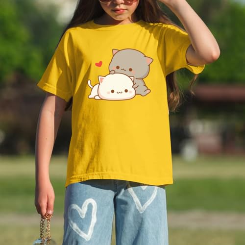 Image of KEEVICI Cute Cat Shirts for Girls Graphic Tees Kids Kawaii Cartoon Animal Print T Shirt Summer Cotton Short Sleeve Tops